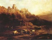 Jenaro Perez Villaamil Herd of Cattle Resting on a Riverbank in Front of a Castle (mk22) china oil painting artist